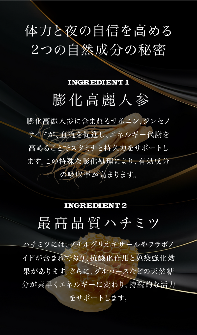 体力と夜の自信を高める2つの自然成分、膨化高麗人参と最高品質ハチミツ。膨化高麗人参は血流促進やスタミナアップをサポートし、特殊な膨化処理で有効成分の吸収率を高めます。最高品質ハチミツはメチルグリオキサールやフラボノイドが含まれ、抗酸化作用や免疫力強化効果があります。さらに自然糖分が素早くエネルギーに変わり、持続的な活力を支えます。